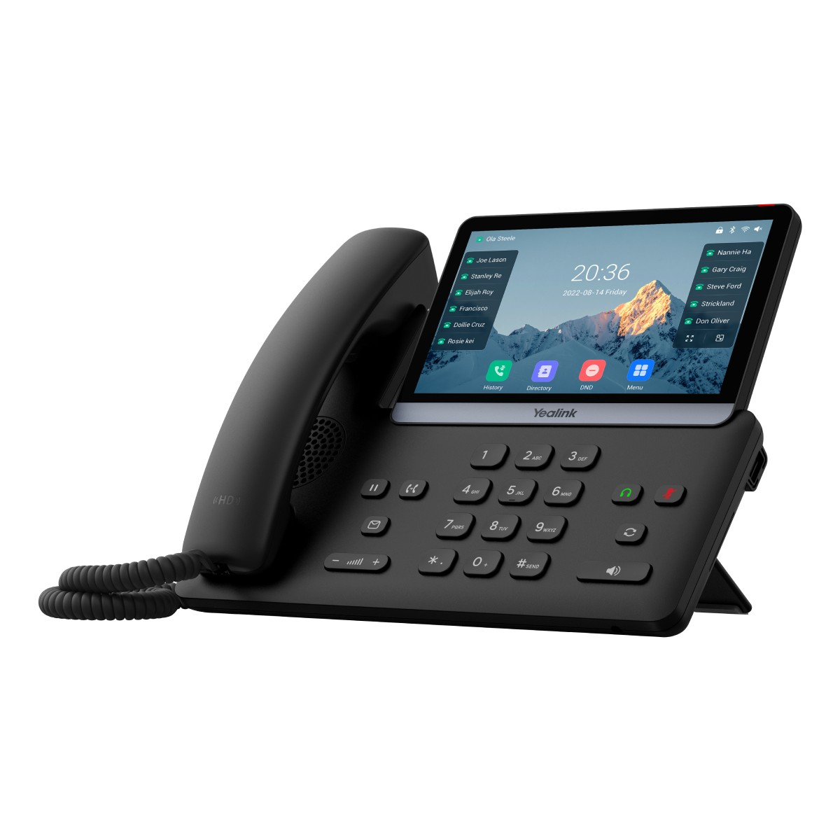 Un telefono da scrivania Yealink nero con touchscreen che mostra contatti e ora.