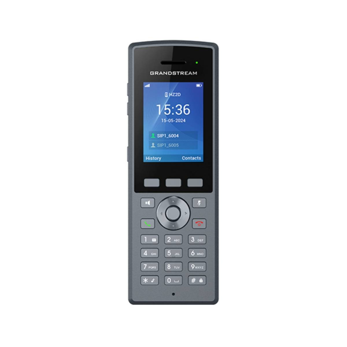 Telefono Grandstream grigio con display, tastiera e pulsanti di navigazione.
