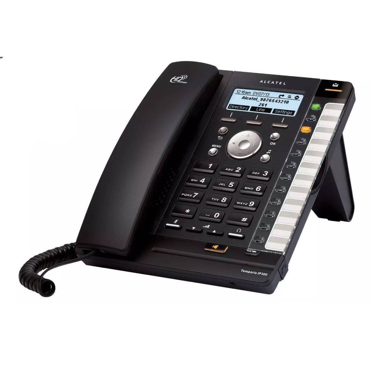 Telefono IP Alcatel nero con schermo, tastiera e cornetta, isolato.