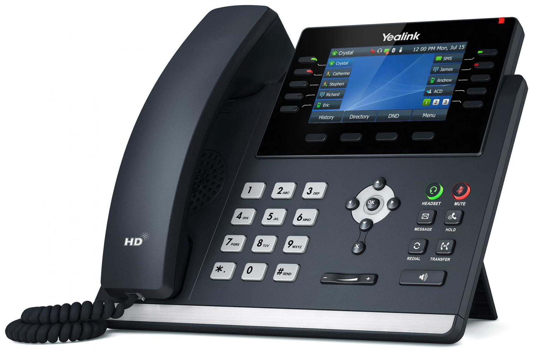 Un telefono da scrivania Yealink nero con display a colori e tastiera.