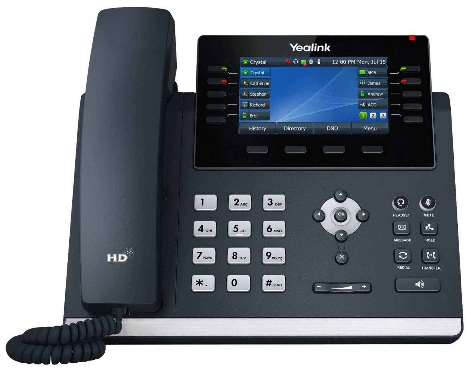 Un telefono da scrivania Yealink nero con cornetta HD e schermo a colori. Visualizza i contatti.
