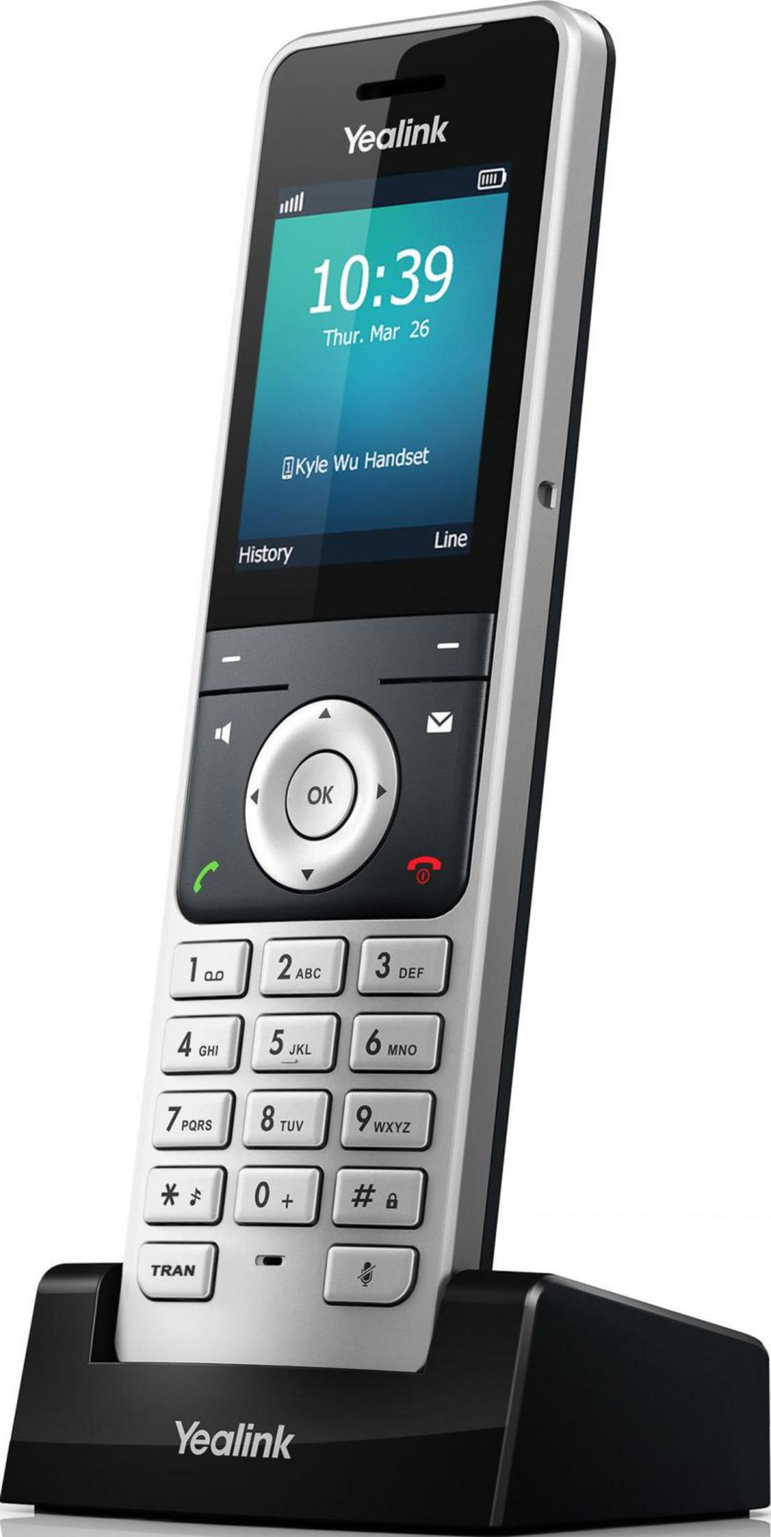 Un telefono cordless Yealink bianco con base nera. Lo schermo mostra 10:39.