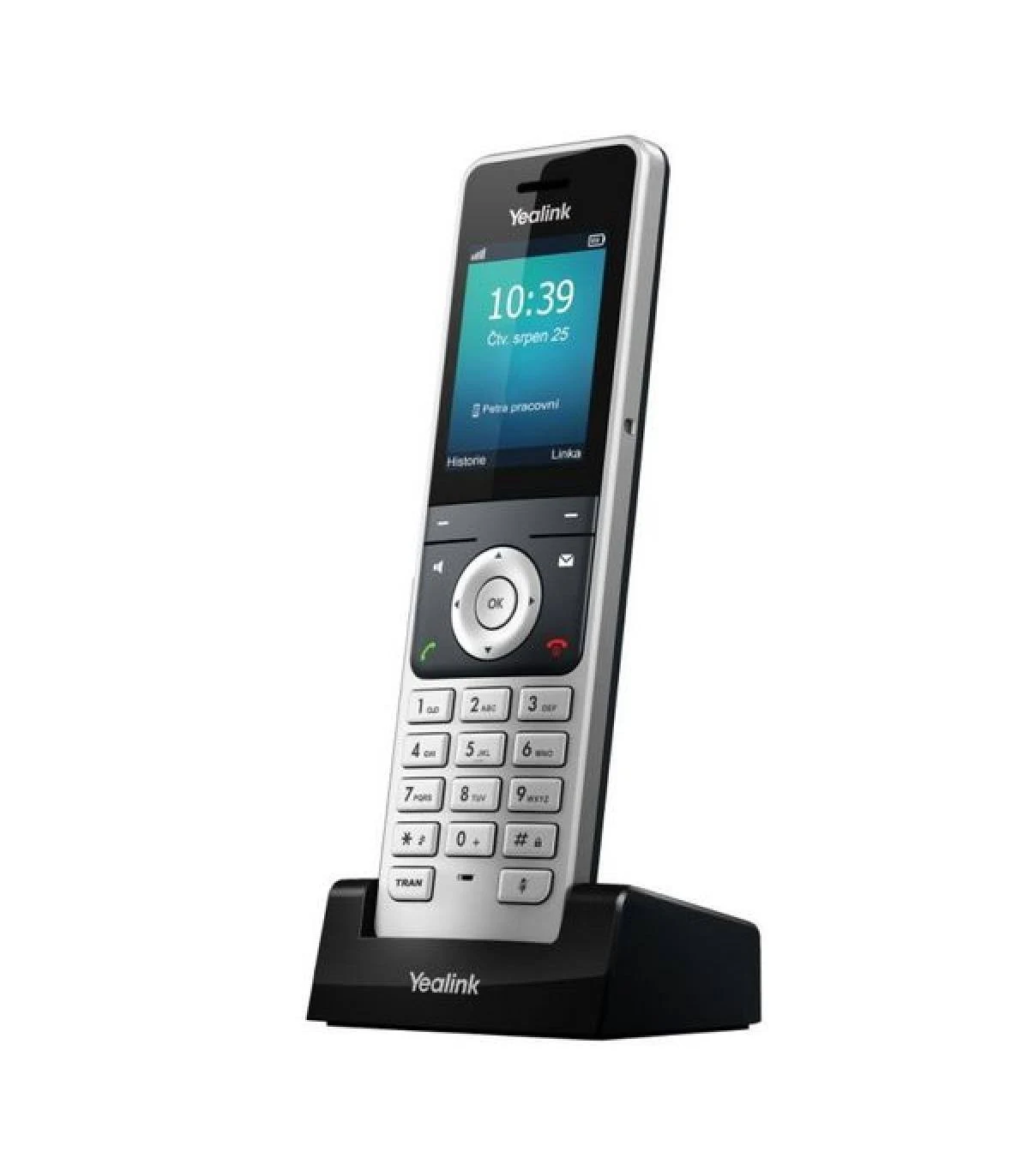 Un telefono cordless Yealink argento e nero poggia sulla sua base di ricarica.