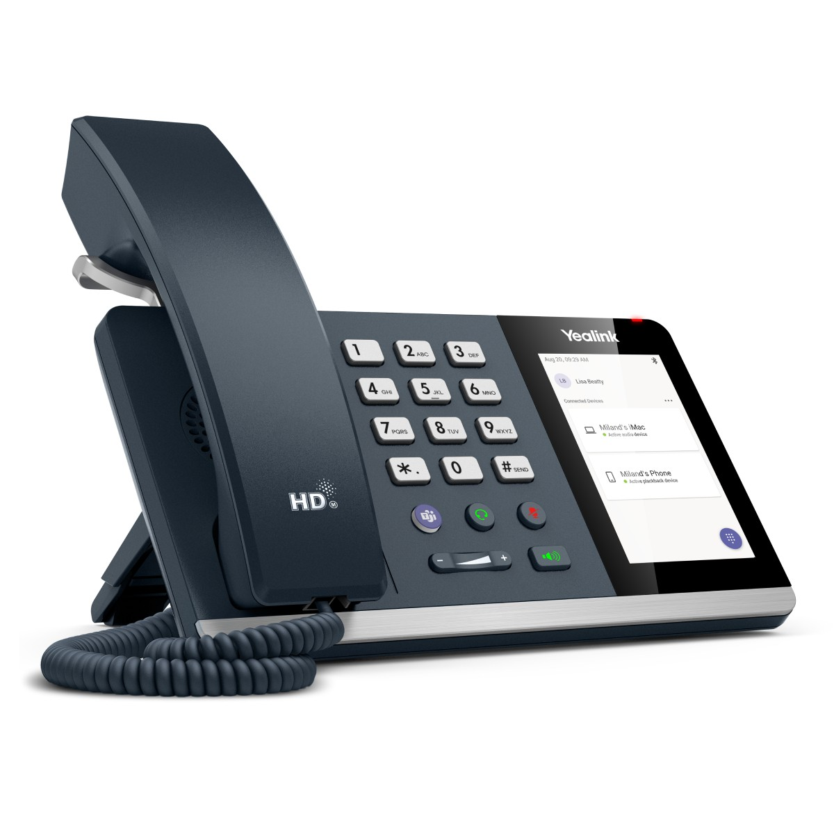Telefono da scrivania Yealink grigio scuro con display HD e tastiera.