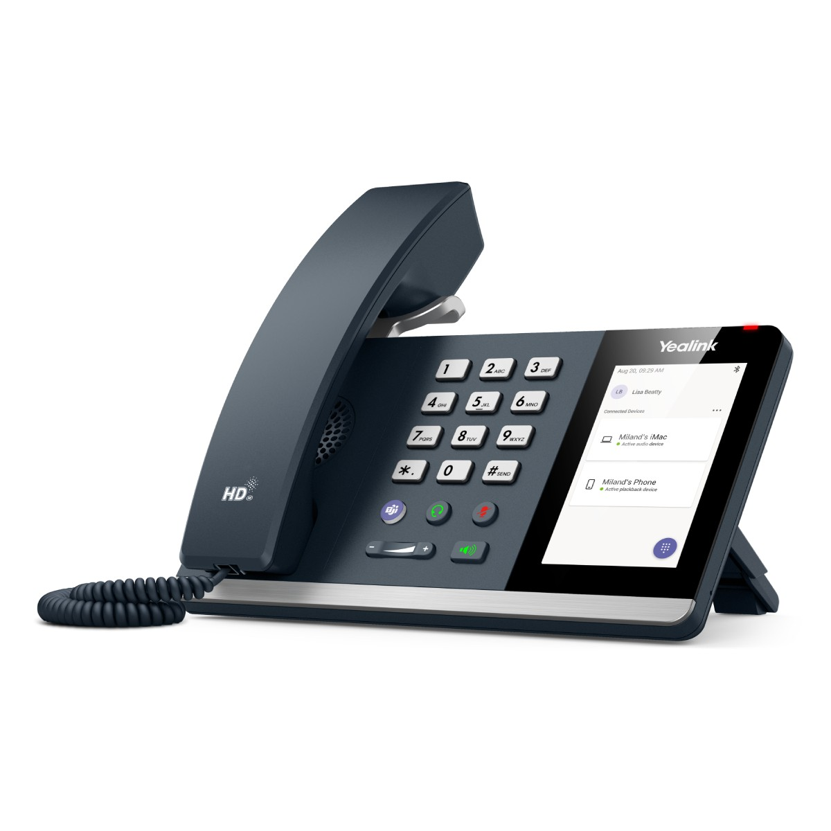 Un telefono da scrivania Yealink blu scuro con schermo a colori che visualizza i dispositivi connessi.