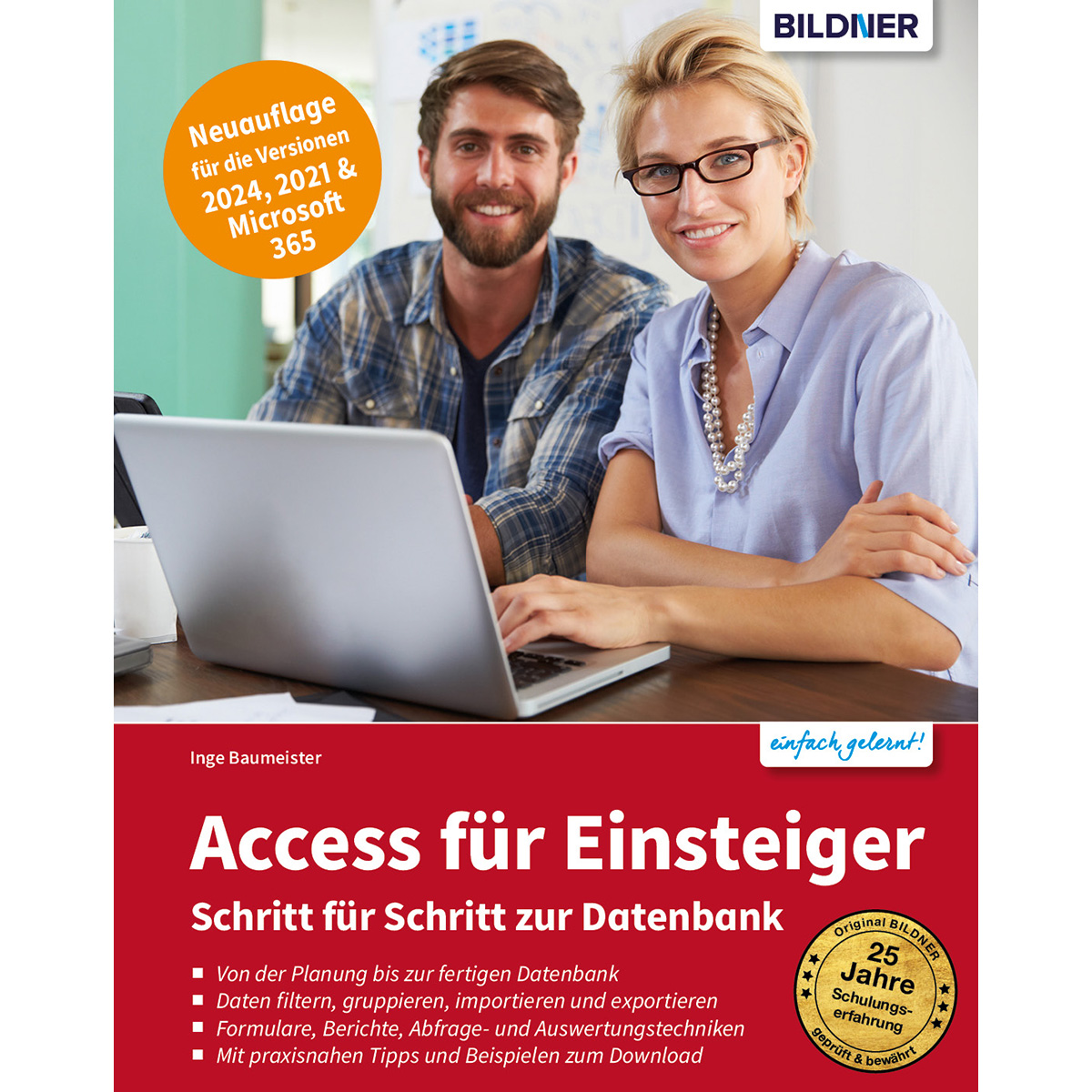 Mann und Frau schauen auf Laptop. Buchcover für Access-Einsteiger.