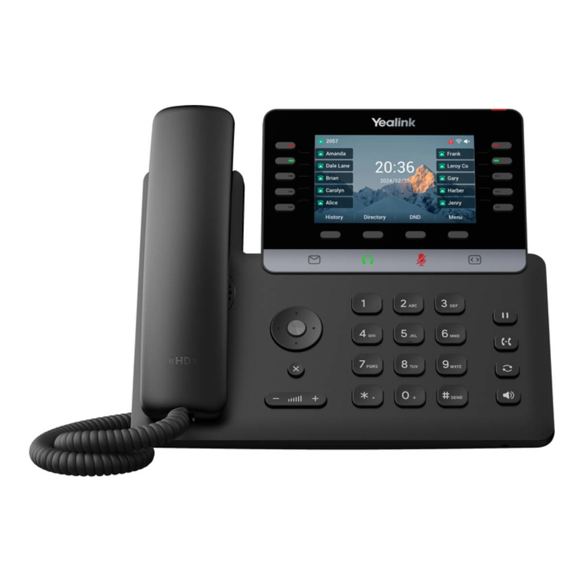 Un telefono da scrivania Yealink nero con schermo a colori e tastiera.