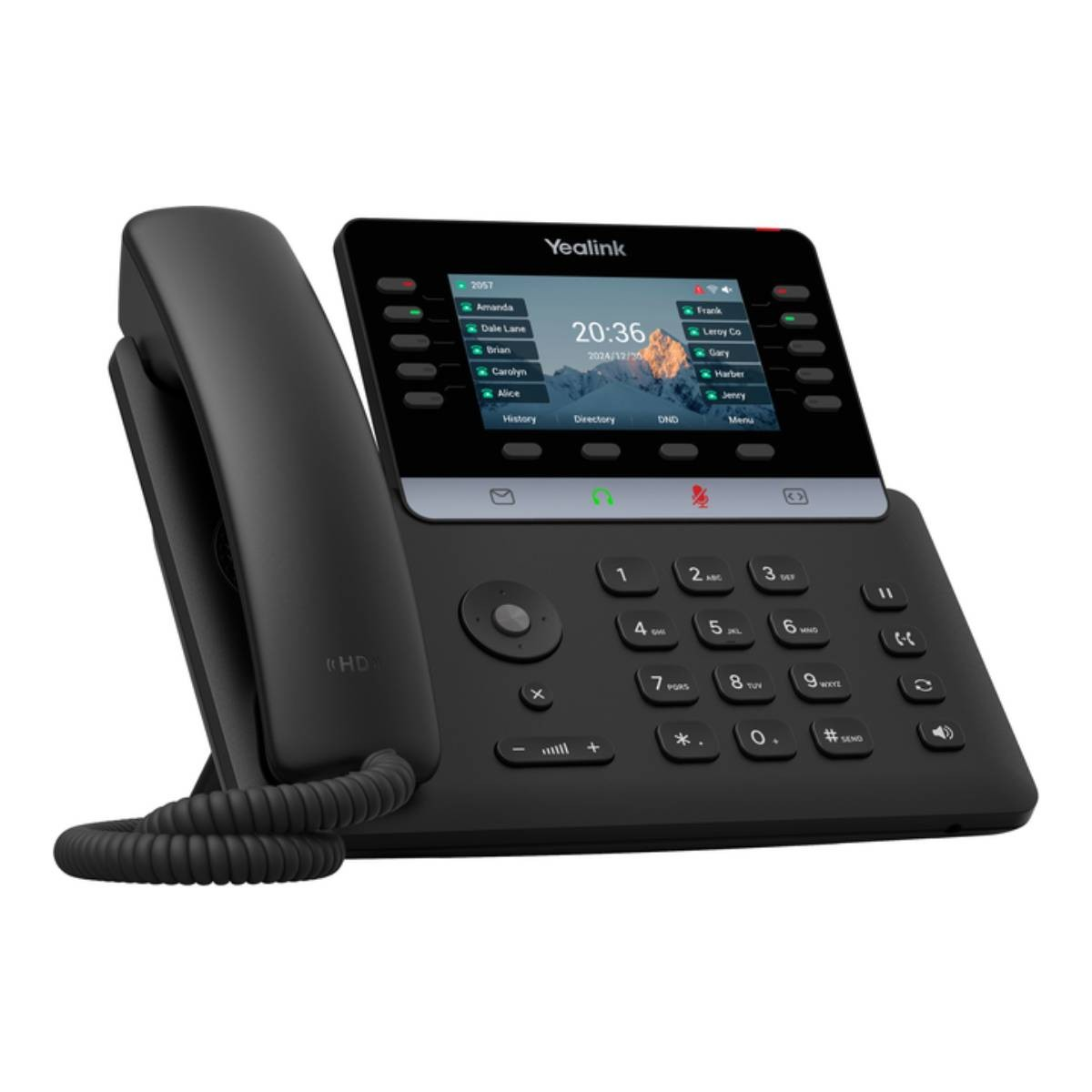 Un telefono IP Yealink nero con cornetta, schermo che mostra contatti e ora, e tastiera.