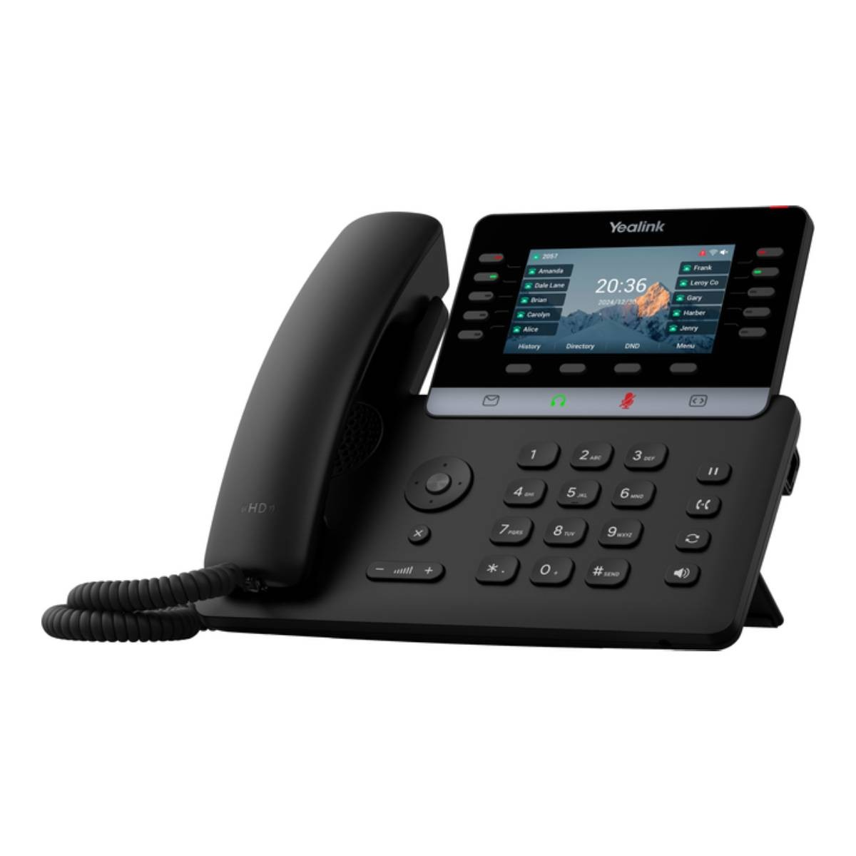 Un telefono Yealink nero con un ampio display a colori e una cornetta.