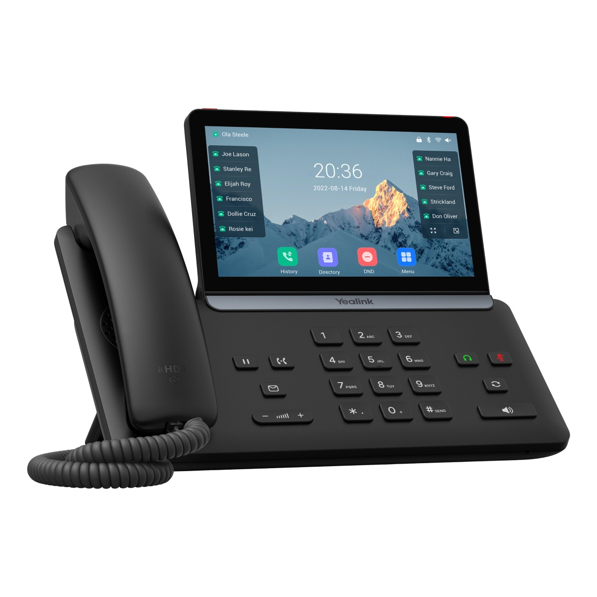 Un telefono da tavolo Yealink nero con touchscreen che mostra contatti e ora.
