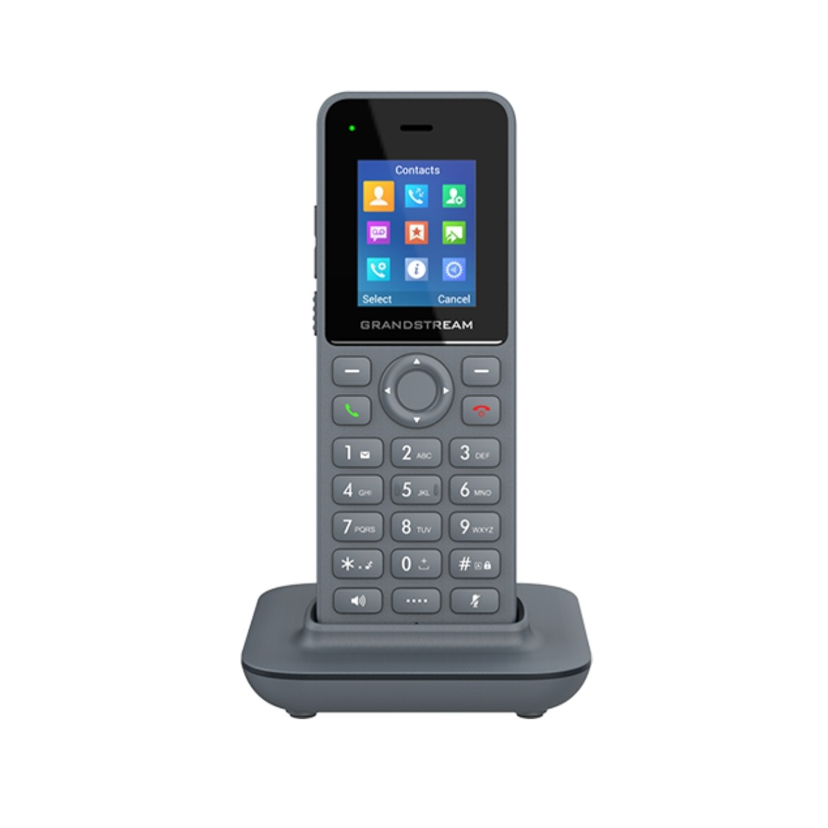 Telefono Grandstream grigio con tastiera e schermo a colori su base di ricarica.
