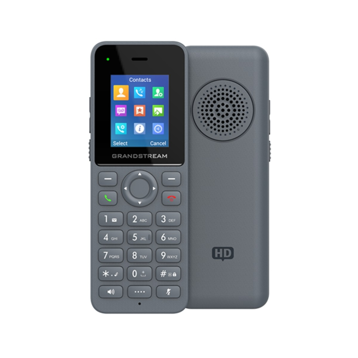 Telefono Grandstream grigio con tastiera e logo HD.