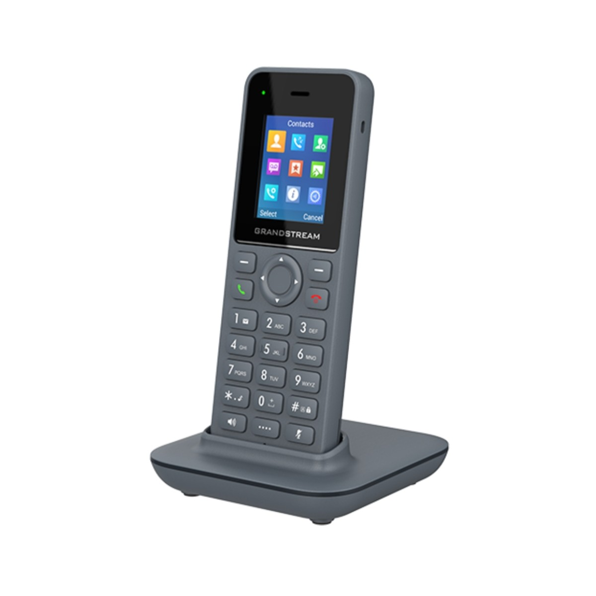 Un telefono cordless grigio con display a colori e tastiera poggia su una base di ricarica.