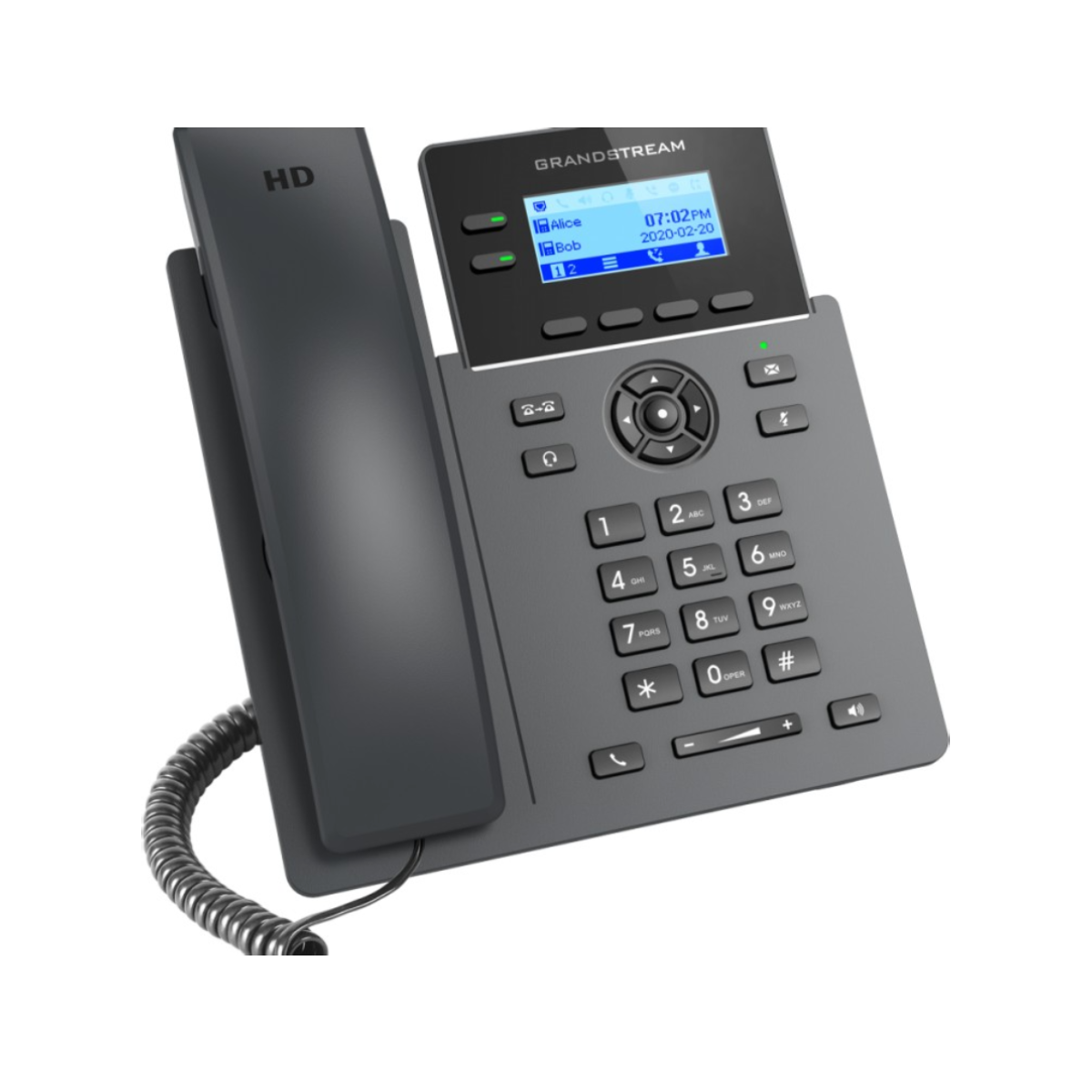 Un telefono Grandstream grigio con cornetta HD, schermo a colori e tastiera.