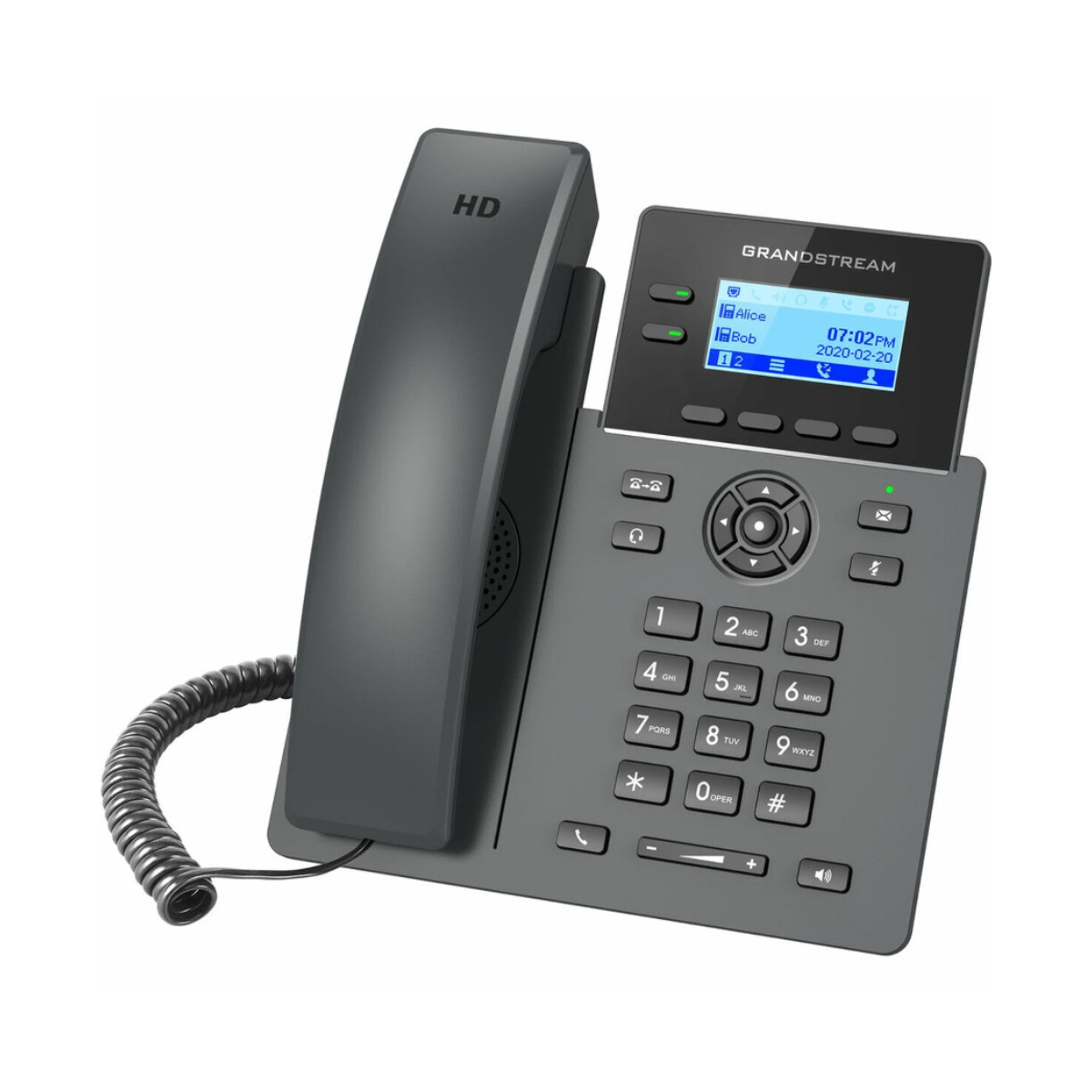 Un telefono Grandstream grigio con ricevitore HD e display retroilluminato.