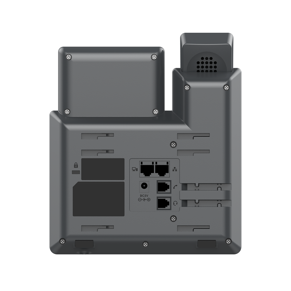 Vista posteriore di un telefono grigio che mostra le porte: DC5V, Ethernet, cornetta e cuffie.