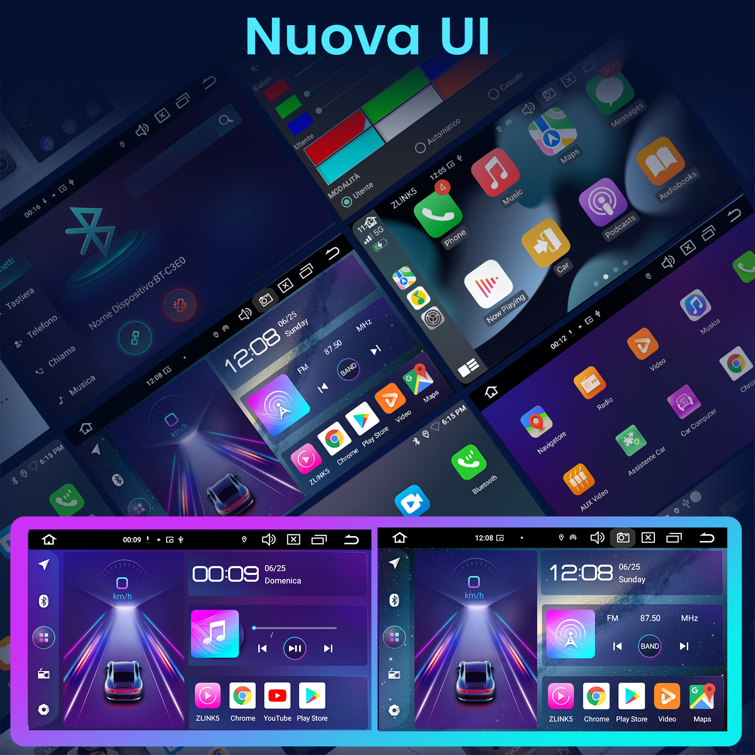 Vista schermo sistema infotainment auto con varie icone e display.