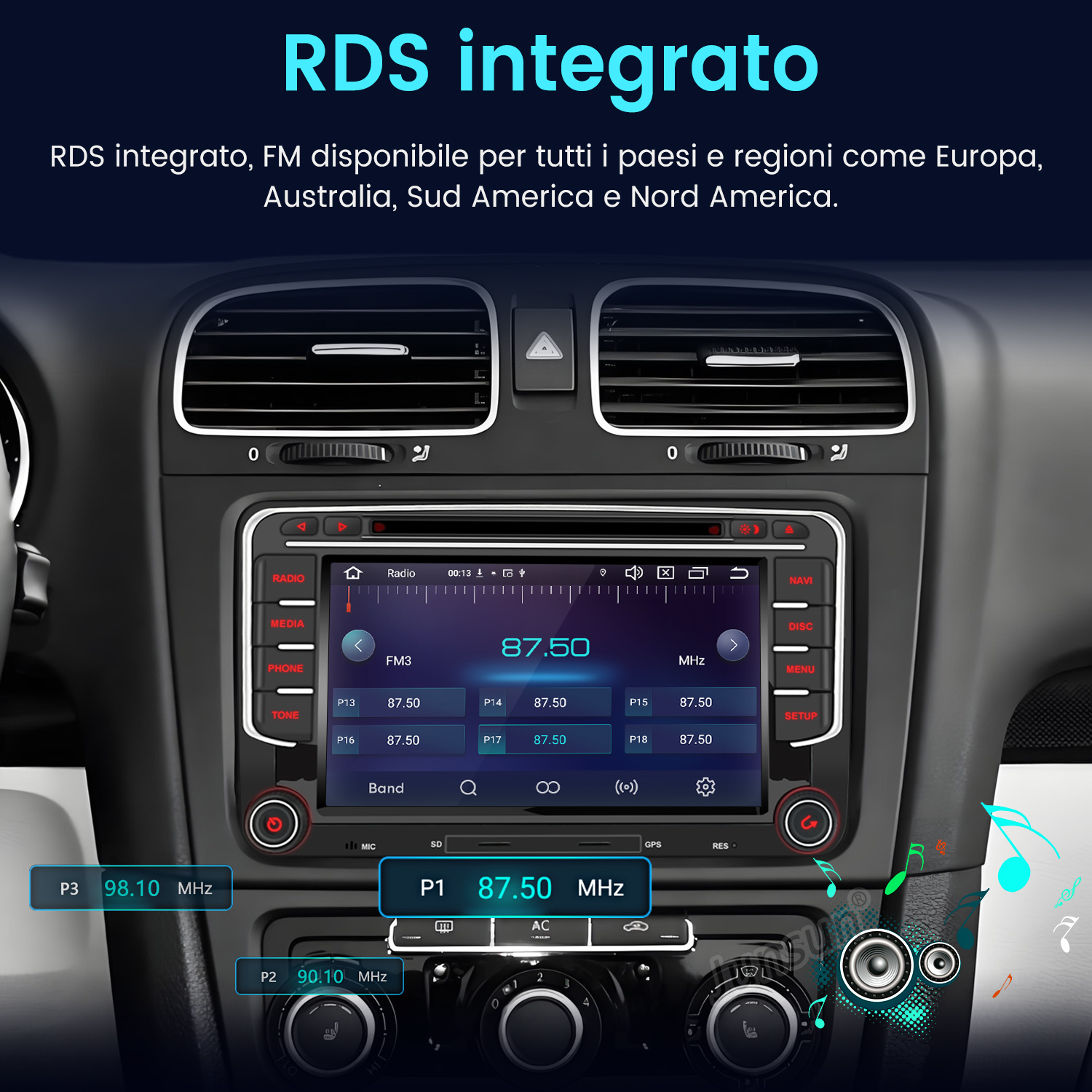 Schermo autoradio con radio FM, frequenze e pulsanti visibili.
