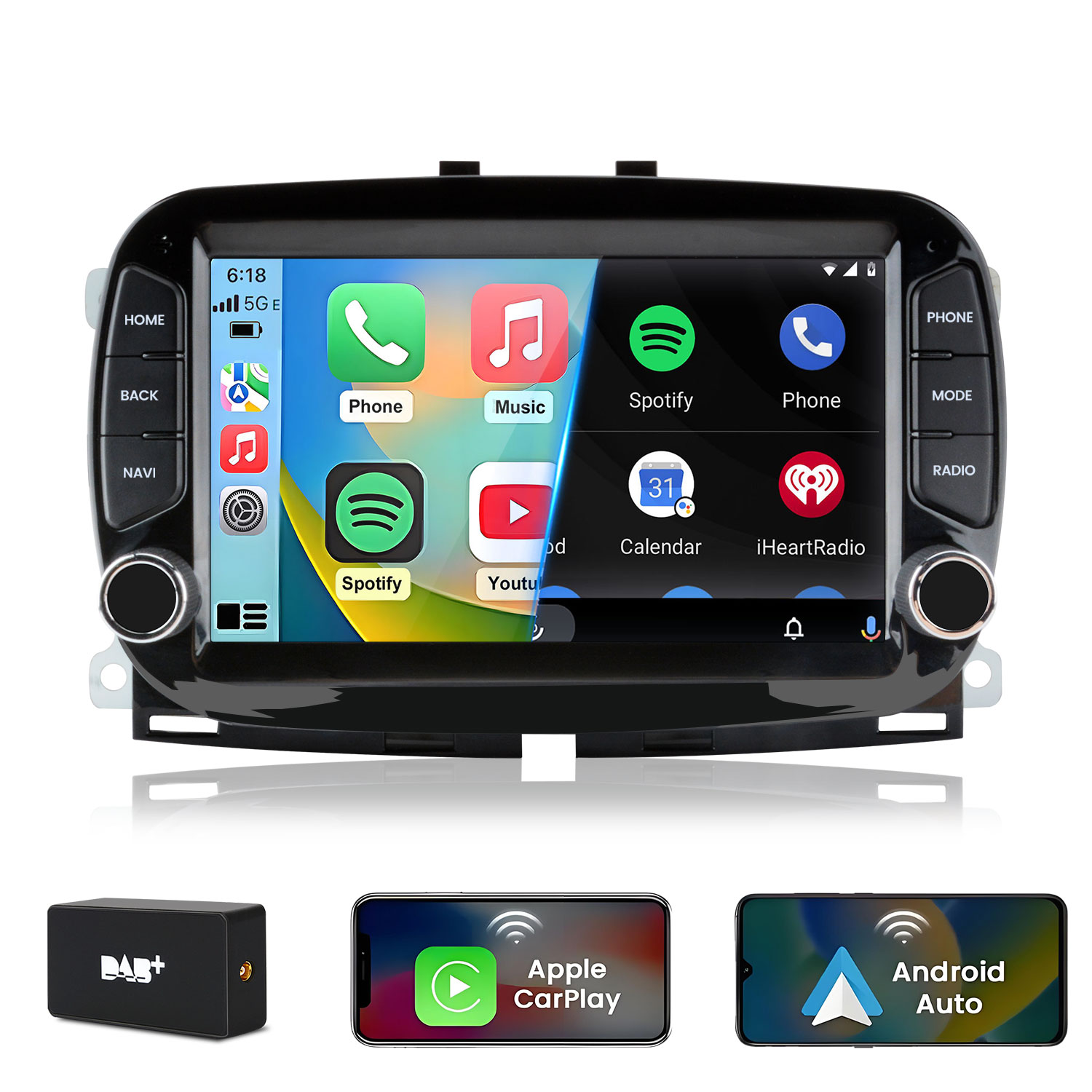 Display autoradio con icone app, box DAB+ e smartphone con Apple CarPlay e Android Auto.