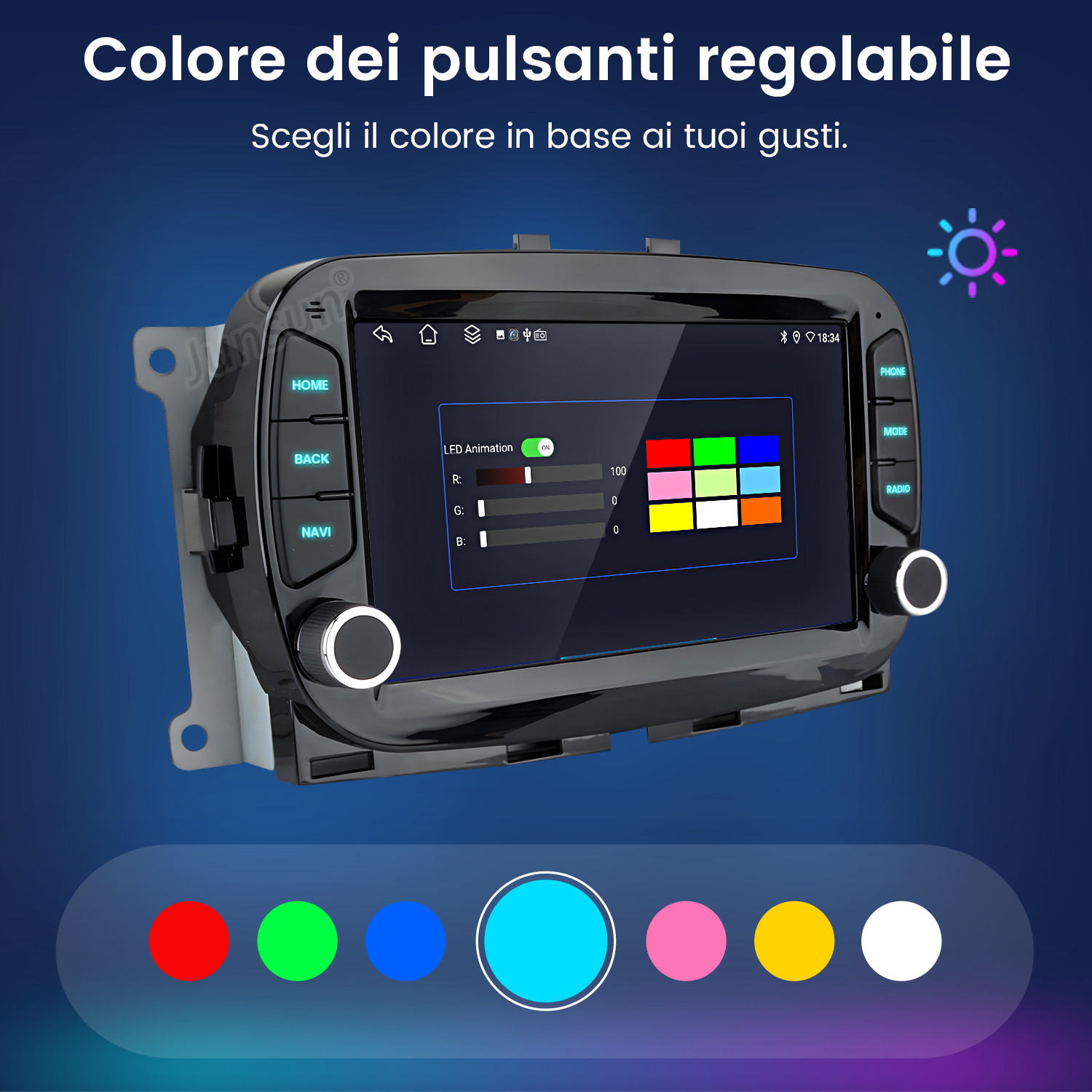 Schermo autoradio con opzioni di colore, cursori e campioni di colore.