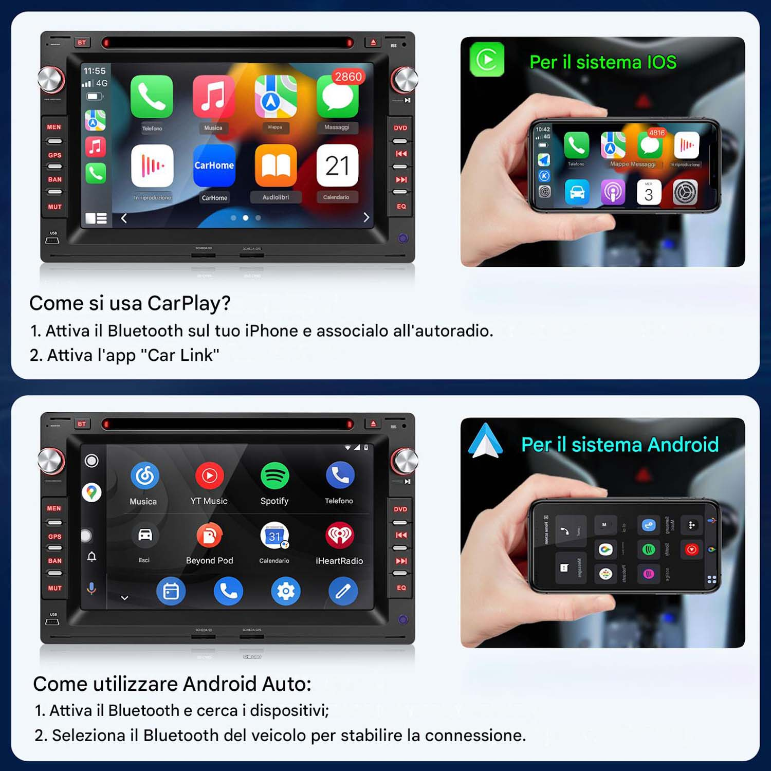 Schermo autoradio con CarPlay e Android Auto, icone e istruzioni.