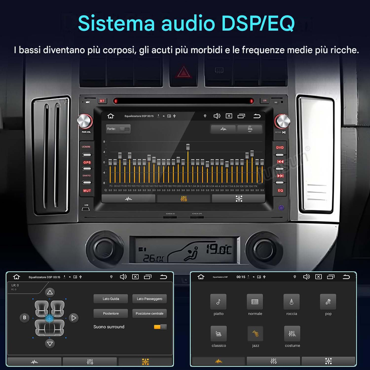 Un sistema audio per auto con equalizzatore, layout altoparlanti e impostazioni EQ.