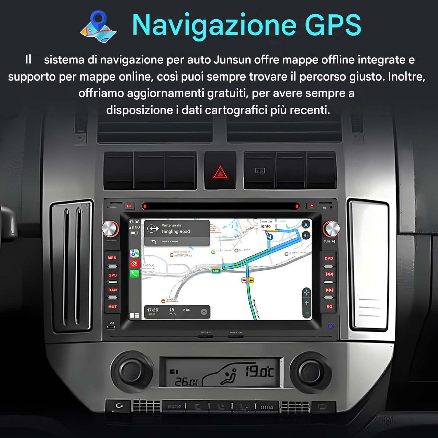 Sistema di navigazione per auto con mappa GPS e informazioni veicolo.