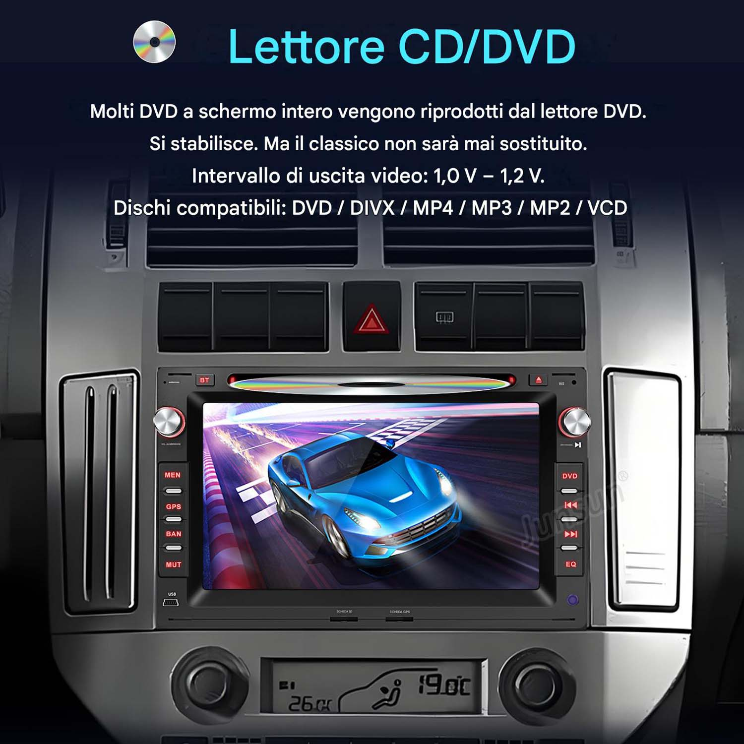 Un autoradio che mostra una macchina sportiva blu su una pista da corsa.