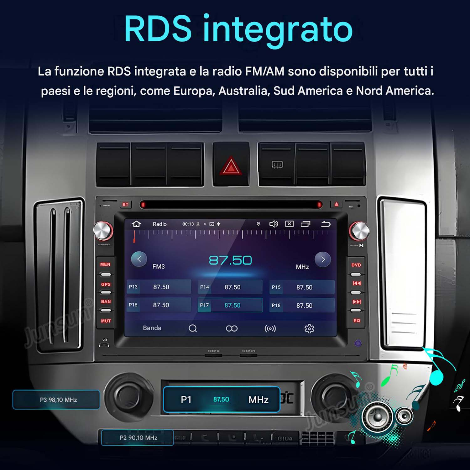 Display autoradio mostra funzione RDS, radio FM/AM, stazione 87.50 MHz.