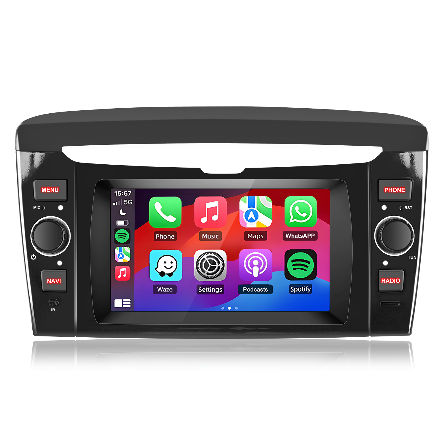 Schermo autoradio mostra icone Telefono, Musica, Mappe, WhatsApp, Waze, Impostazioni, Podcast, Spotify.