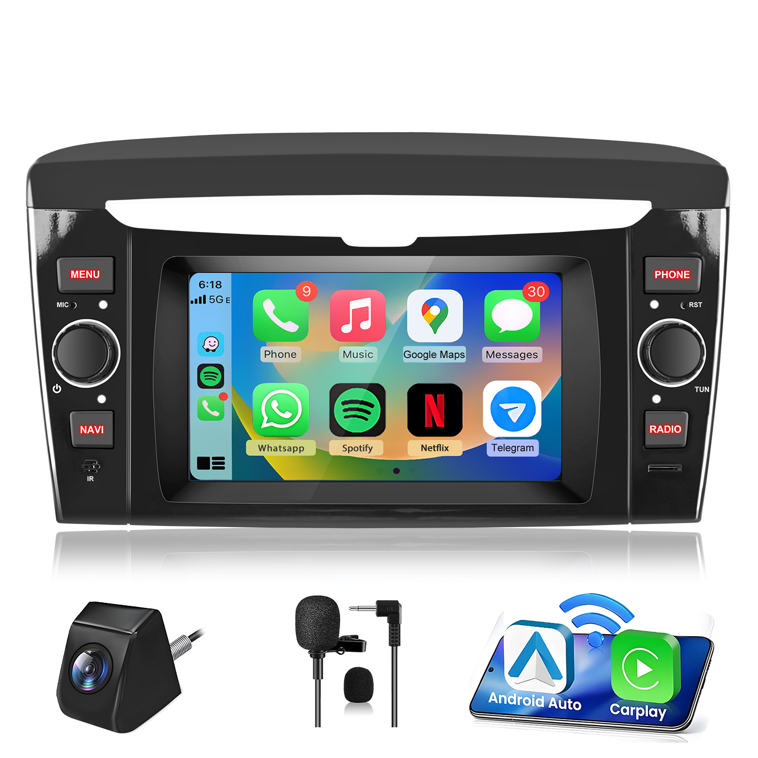 Stereo per auto con touchscreen che mostra app come Telefono, Musica, Mappe. Include fotocamera e microfono.