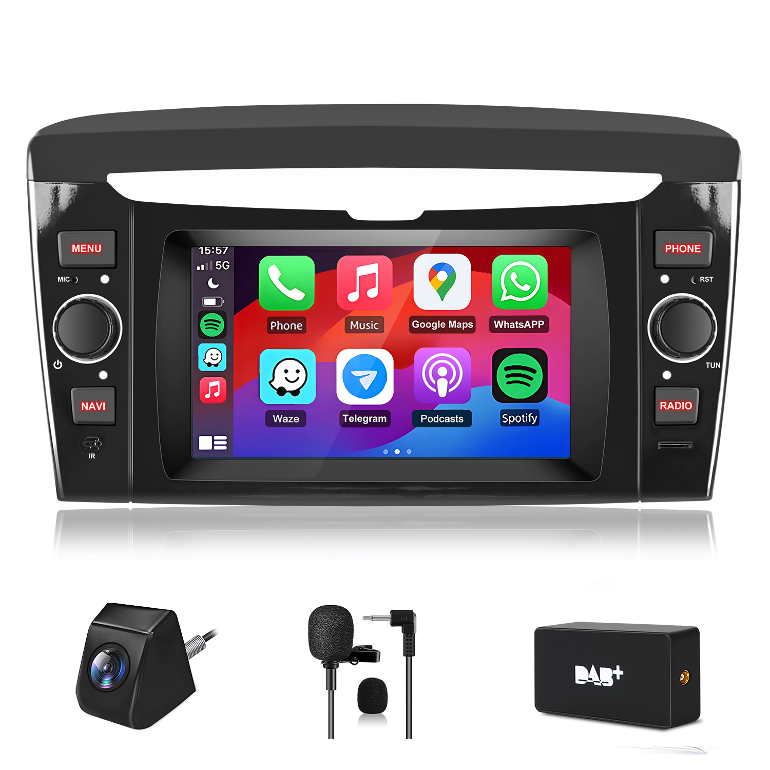 Sistema di infotainment per auto con touchscreen e accessori: telecamera, microfono, box DAB+.
