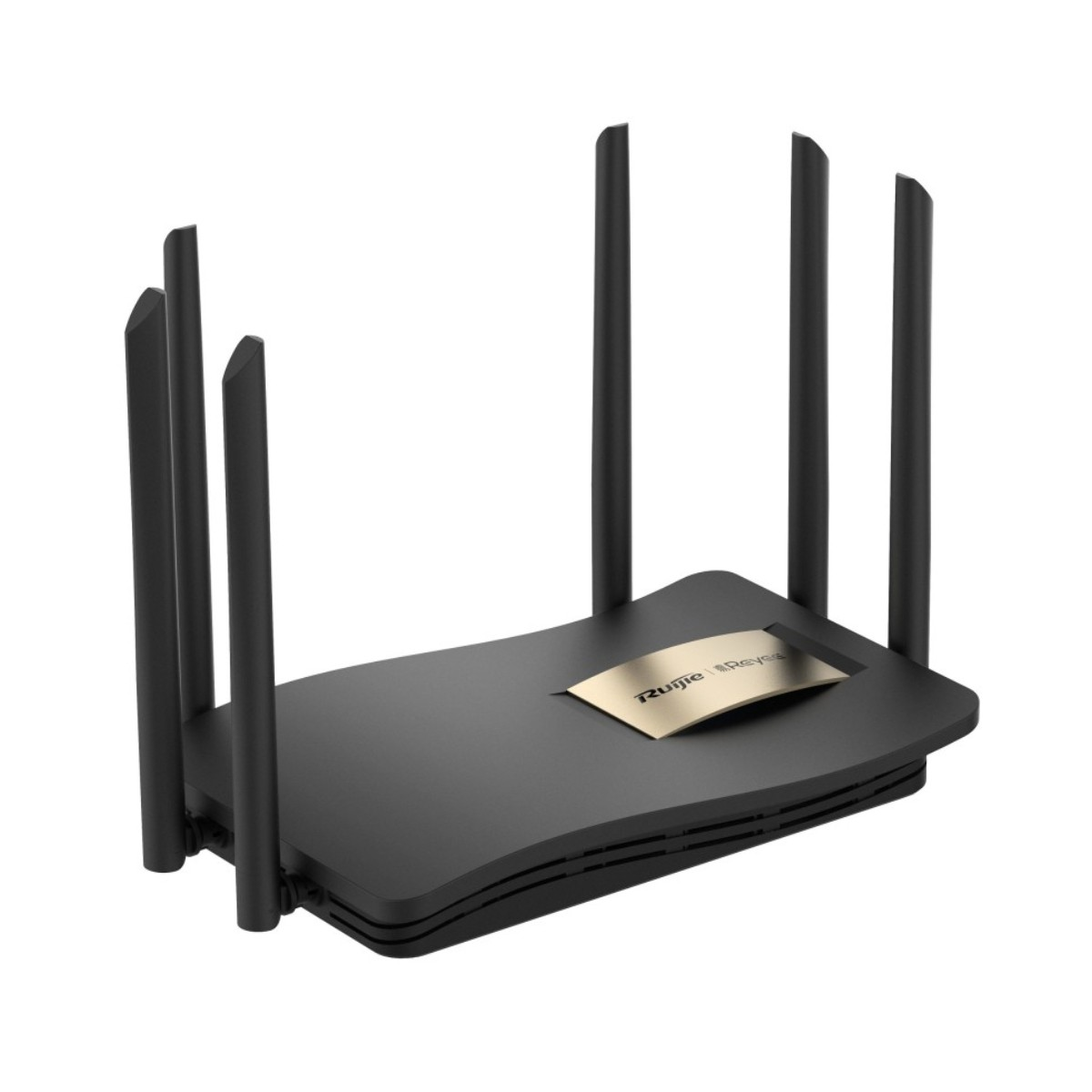 Router nero Ruijie Reyee con cinque antenne su sfondo bianco.