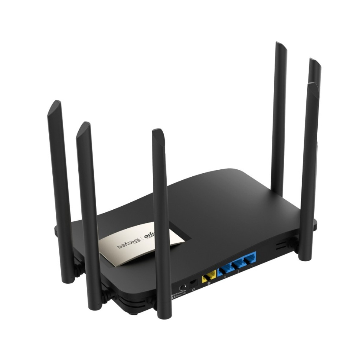 Router nero con sei antenne, quattro porte Ethernet sul retro.