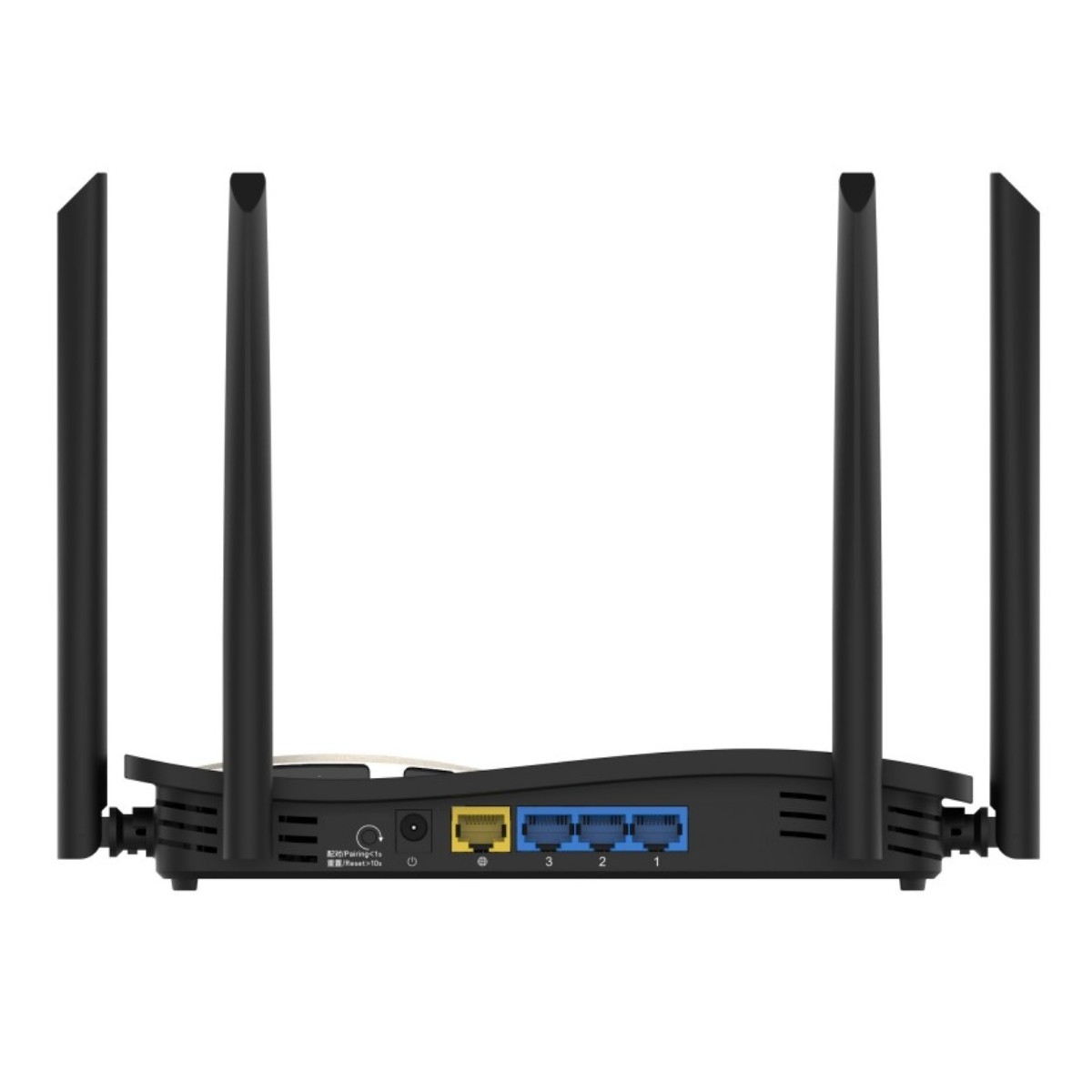 Router nero con quattro antenne, una porta Ethernet gialla e tre blu.