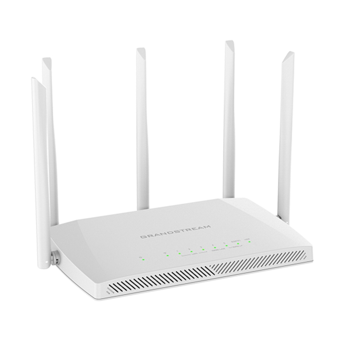 Viene mostrato un router Grandstream bianco con quattro antenne e luci indicatorie verdi.