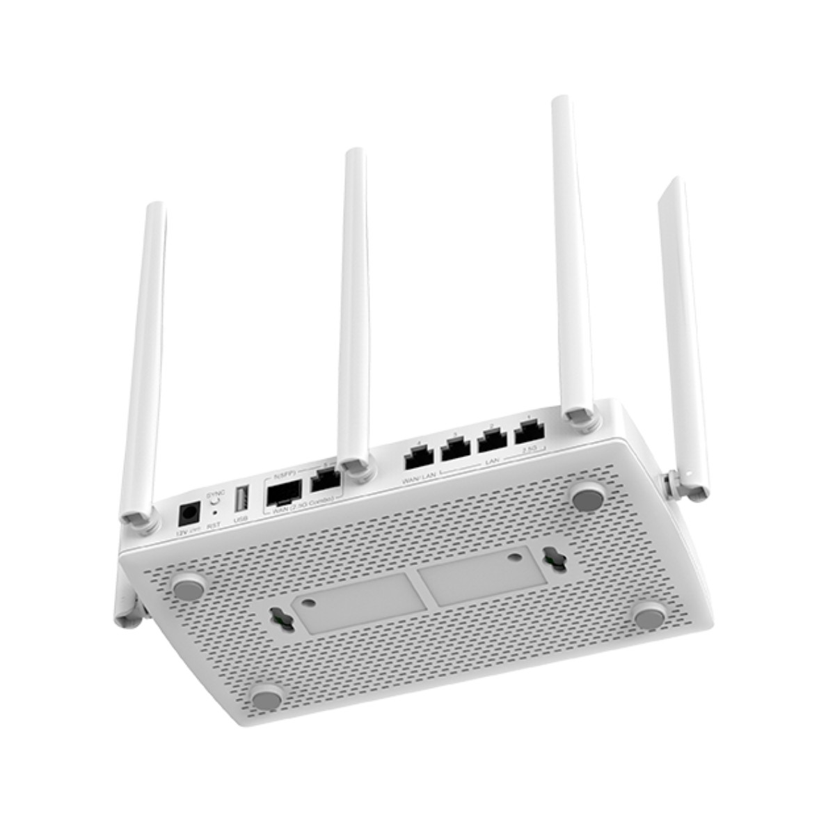 Un router bianco con quattro antenne e porte multiple sul retro.