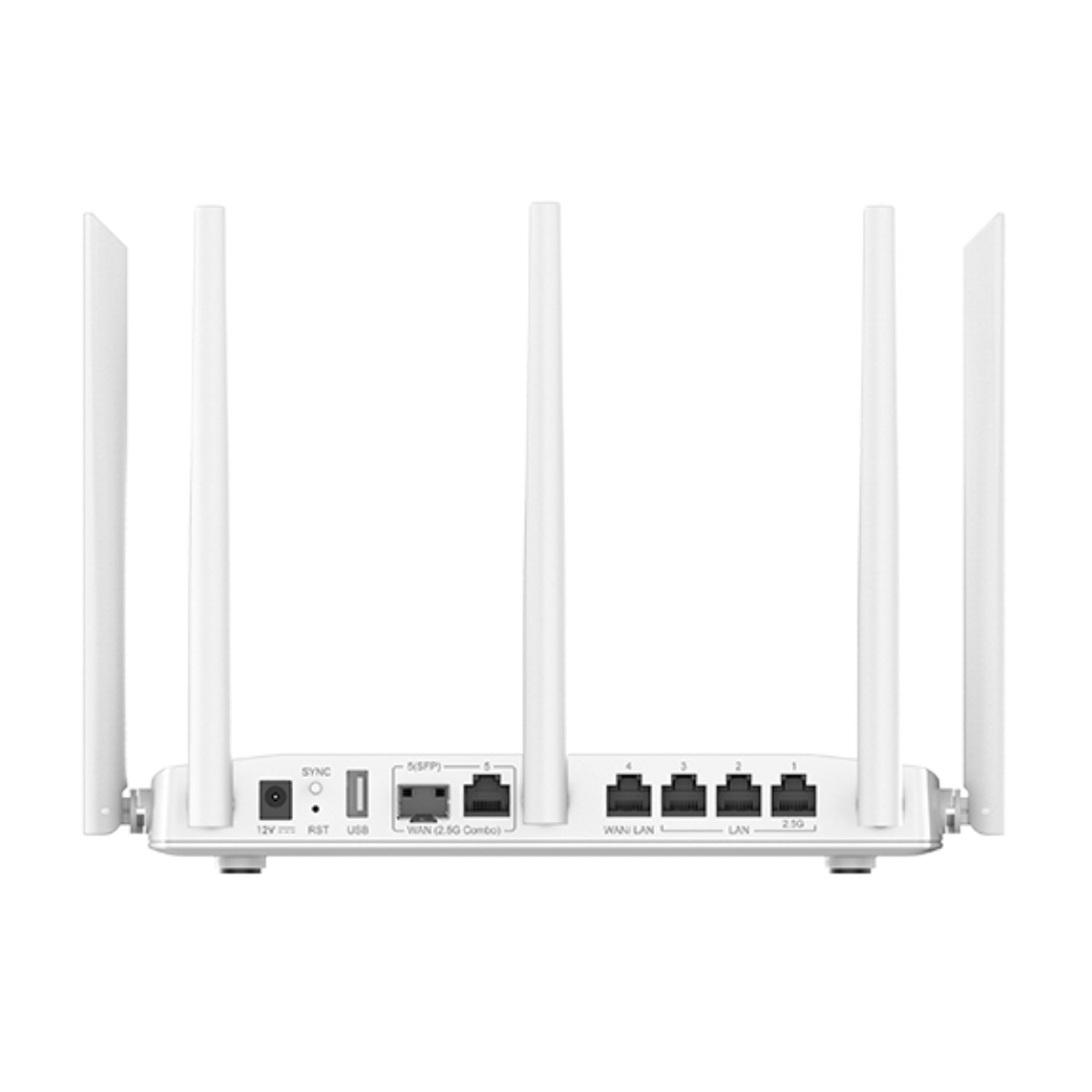 Router bianco con cinque antenne. Porte: 12V, RST, USB, WAN e LAN.