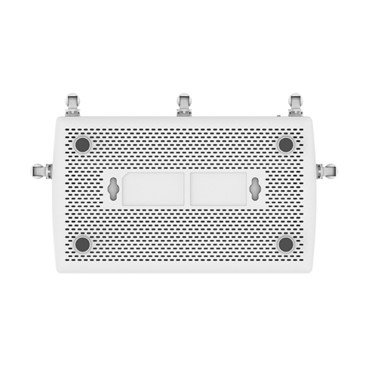 Parte inferiore bianca del router con fessure di ventilazione, piedini in gomma e staffe.