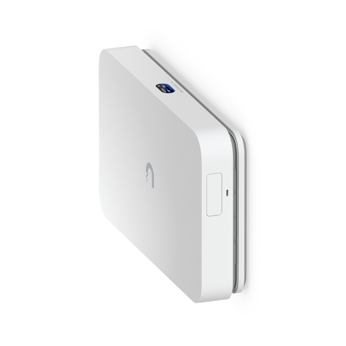 Un dispositivo rettangolare bianco con logo grigio e piccolo schermo.