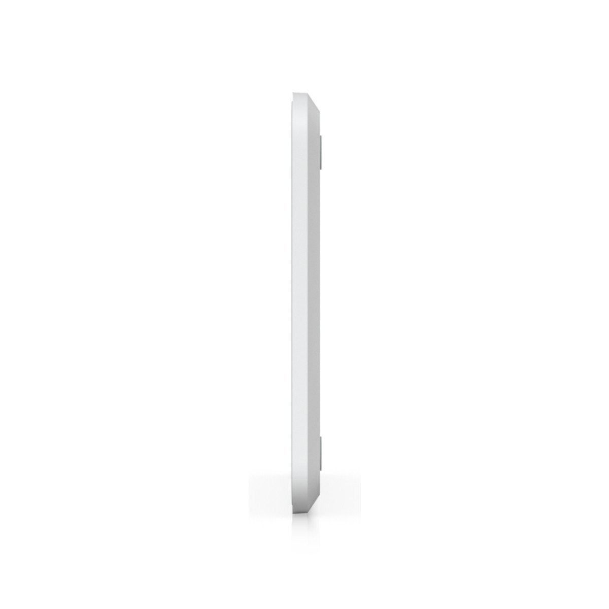Un dispositivo bianco rettangolare visto di lato su sfondo bianco.