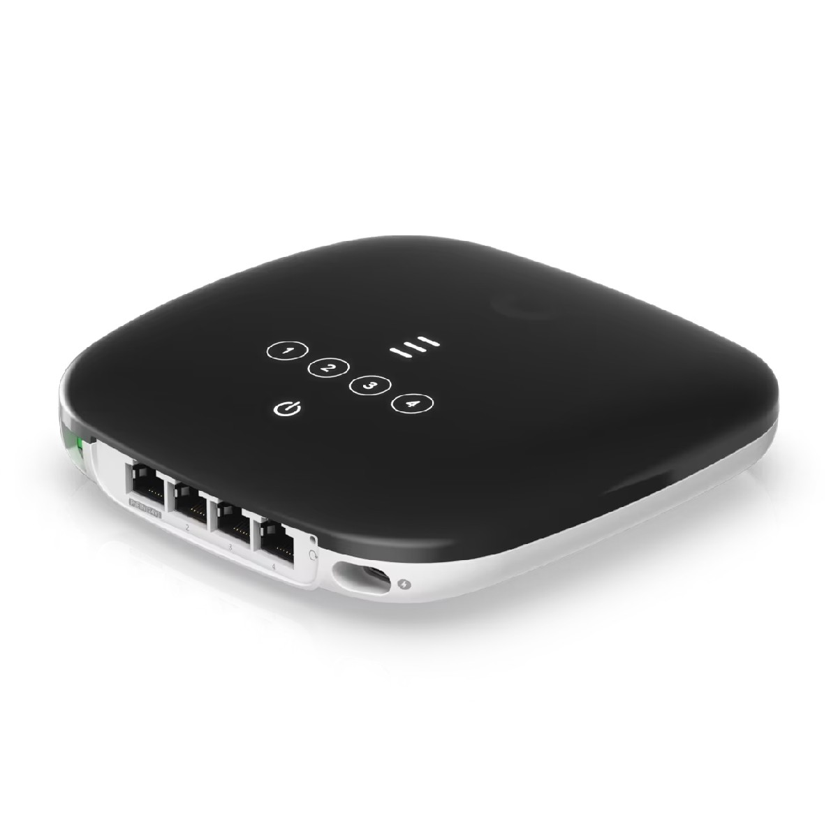 Dispositivo nero con 4 porte Ethernet e pulsanti touch in cima.