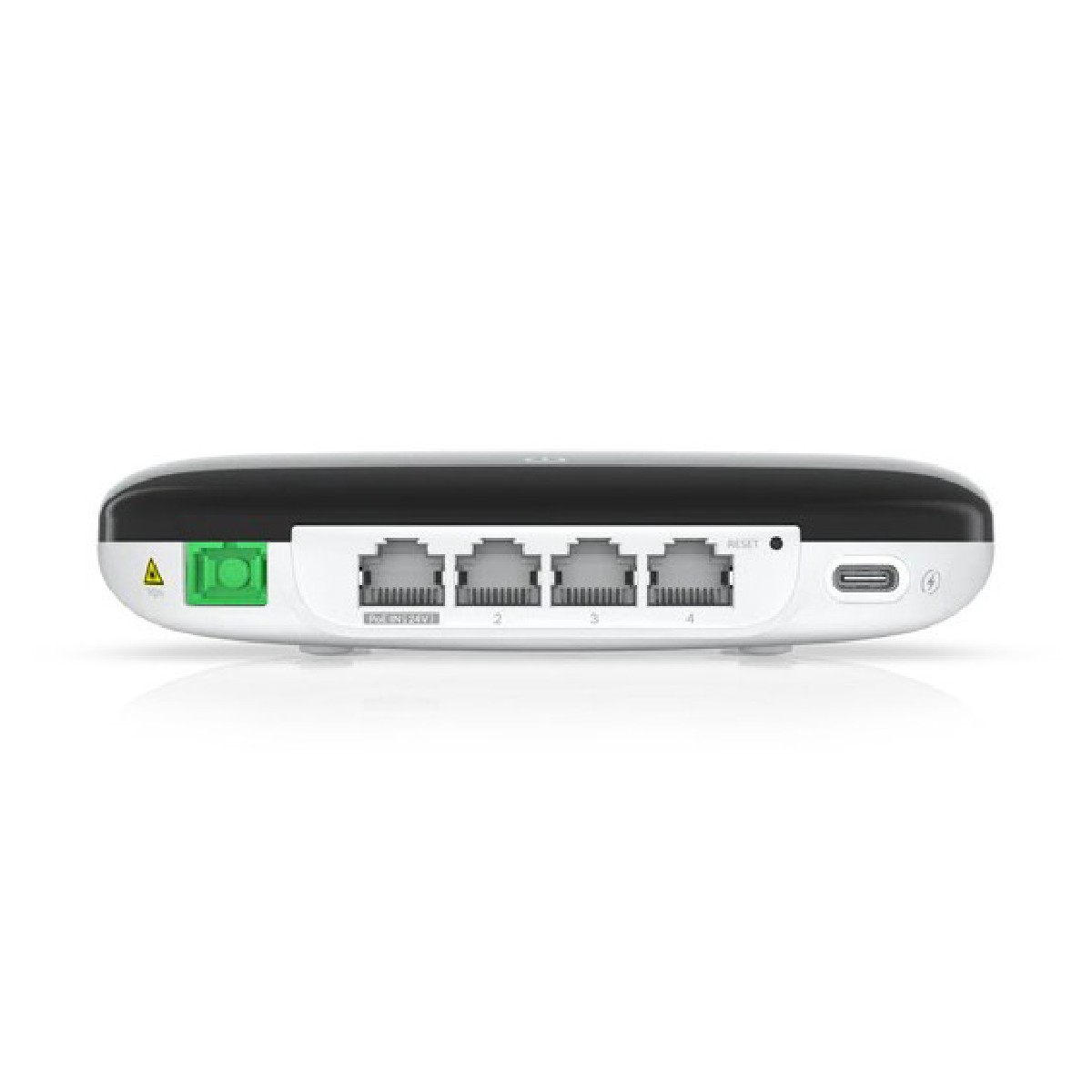 Un dispositivo bianco con accenti neri, che mostra porte Ethernet e una porta USB-C.