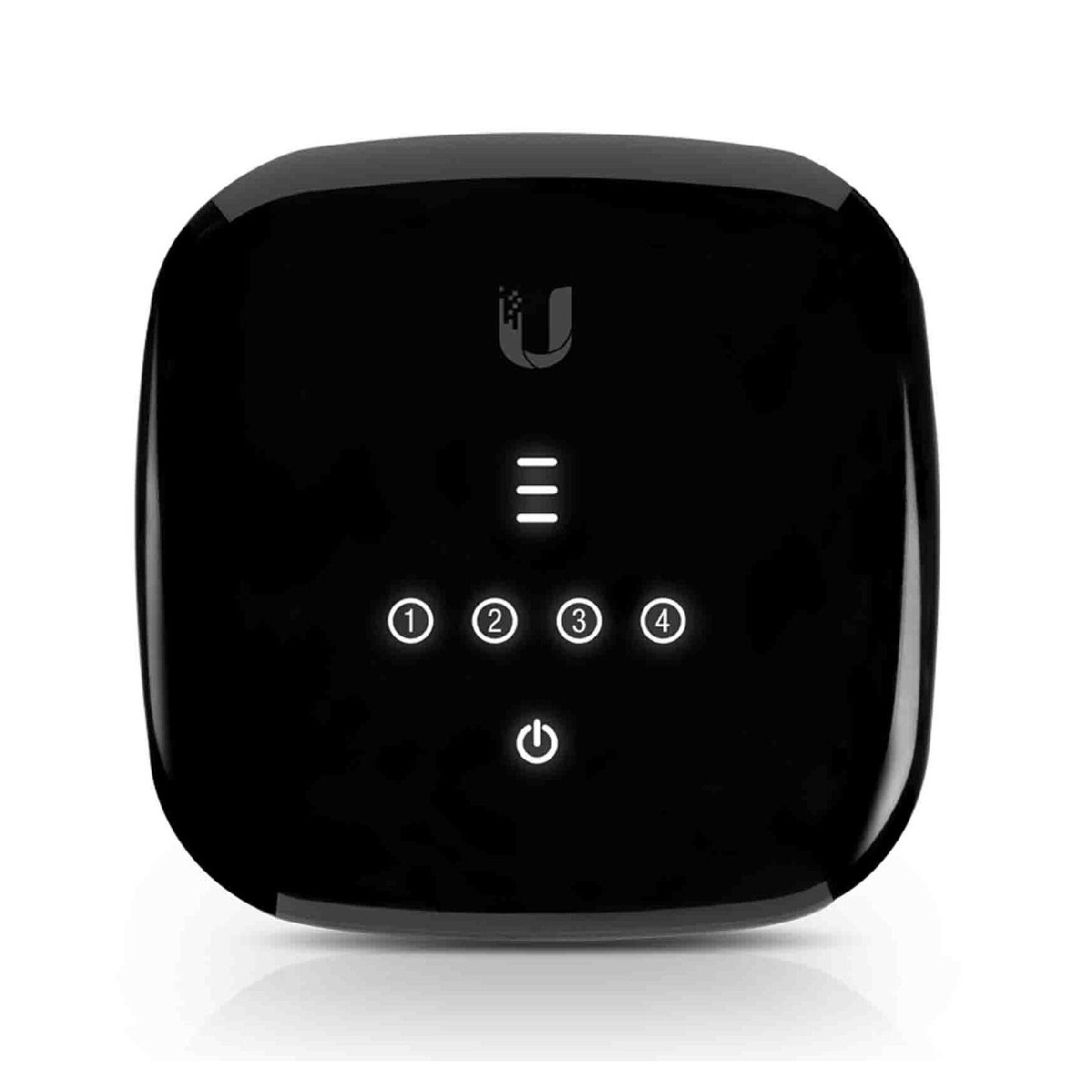 Dispositivo nero lucido con logo a U, tre linee e quattro cerchi numerati.