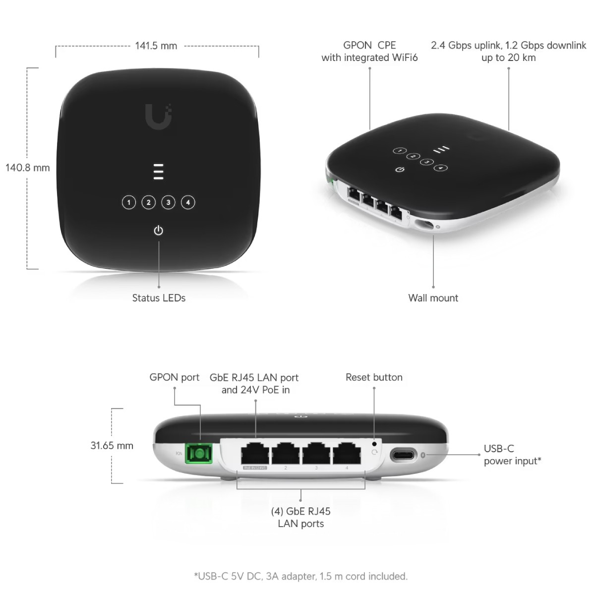 Dispositivo GPON nero con 4 porte LAN, pulsante di reset e ingresso alimentazione USB-C.
