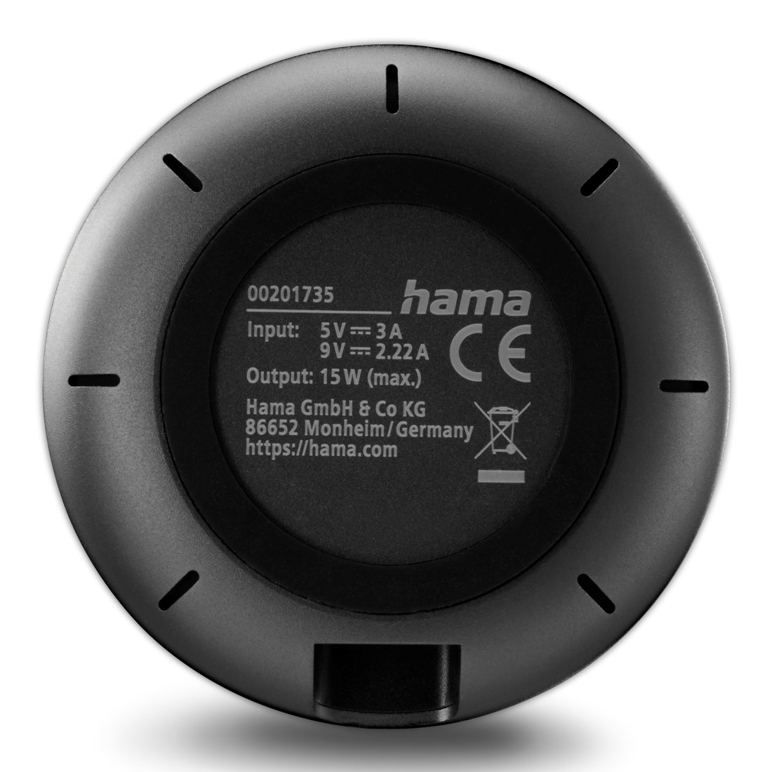 Parte inferiore di un caricabatterie Hama con specifiche tecniche e marchio CE.