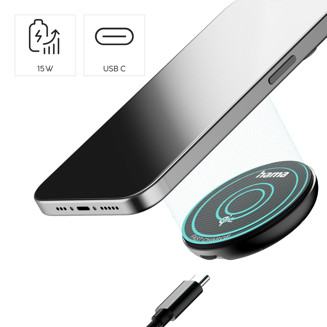 Caricatore wireless da 15W e porta USB-C accanto a uno smartphone.