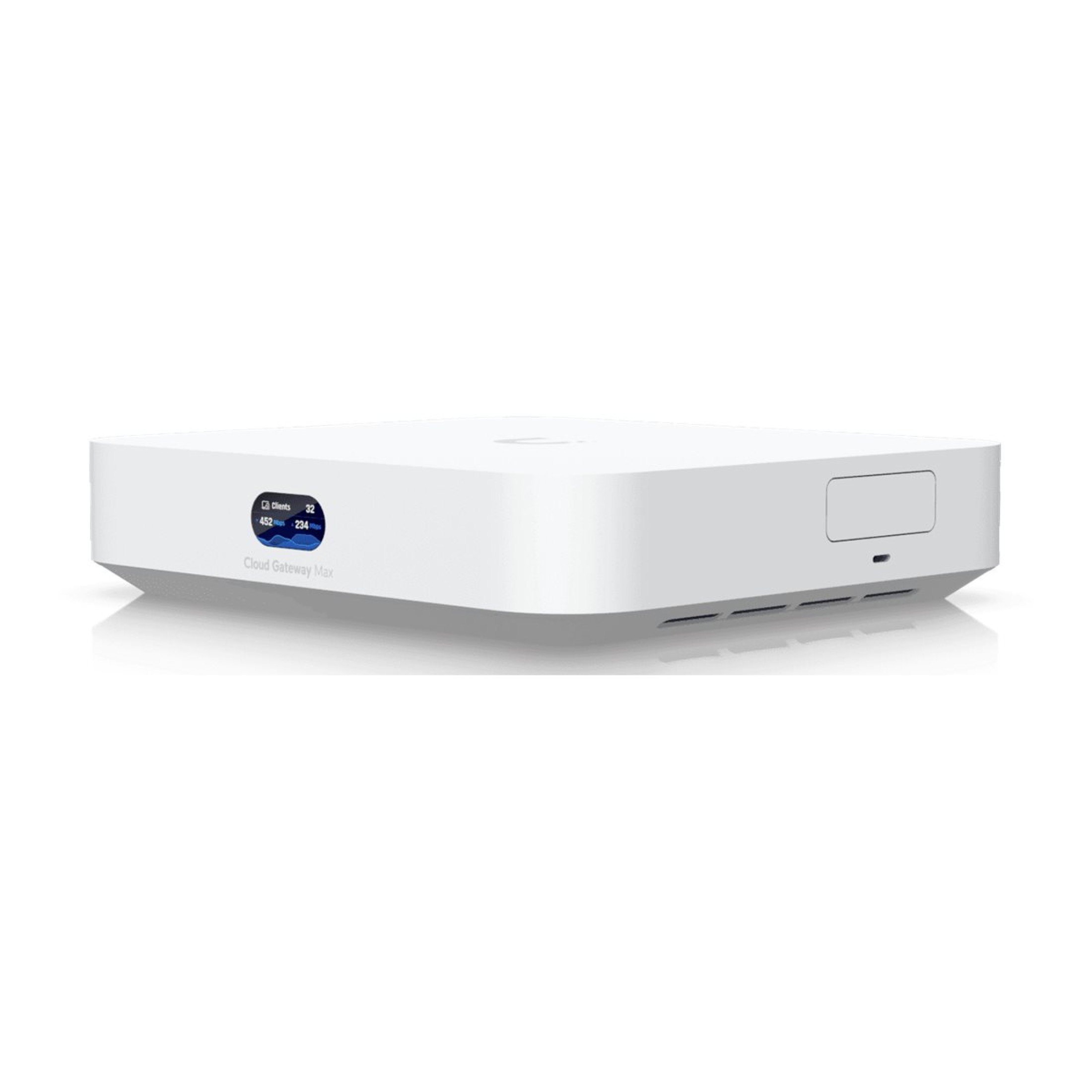 Un dispositivo bianco Cloud Gateway Max con un piccolo schermo blu.