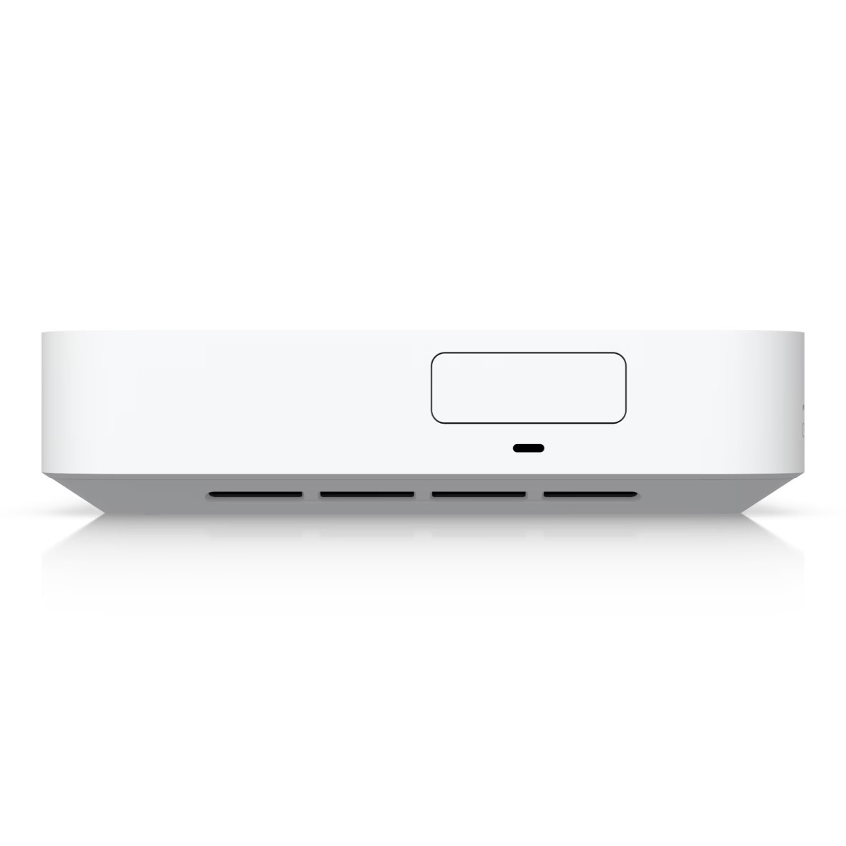 Un dispositivo elettronico bianco con prese d'aria e un ritaglio rettangolare.