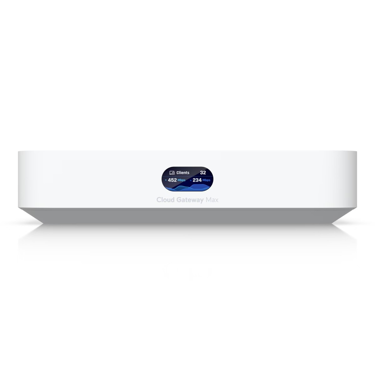 Un dispositivo di rete bianco con un piccolo schermo blu che mostra 32 client e velocità.